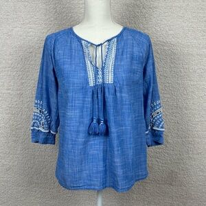 Talbots Top Womens MP Blue Embroidered Tassel‎ Tie Chambray 100% Cotton Blouse